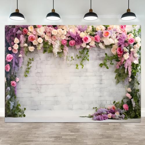 5x4ft Retro White Brick Wall Floral Backdrop Vine Leaves Rose Flowers Photography Background Bridal Shower Wedding Party Birthday Banner Decorations Adults Portrait Photo Booth Prop - color: color 4, size: 5x4ft