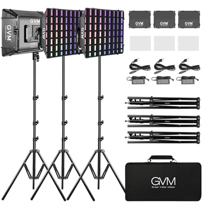 GVM RGB Led Video Light with 3 Softboxes, 680RS 3 Packs 50W Studio Lights with Bluetooth Control, Upgrade Photography Lighting with 18 Lighting Scenes, led Panel Lights for Video Recording, YouTube - size: 50 W With Softbox