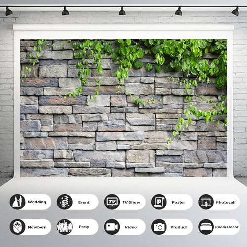 Stone Wall Texture Backdrop Brick Wall with Green Creeper Plants Photography Background Nature Stone Green Leaves Scene Backdrops Wallpaper Backdrop Portrait Video Shoot Studio Props Vinyl 5x3ft - color: Rock_Grey, size: 5x3ft