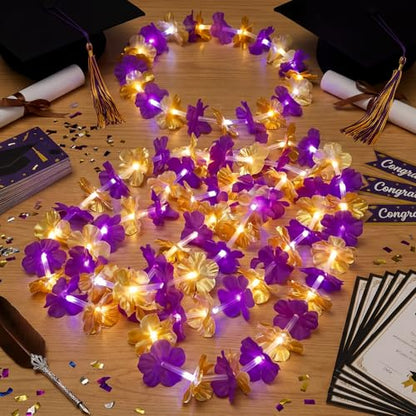 Sherr 24 Pcs LED Leis Light Up Purple and Gold Hawaiian Flower Necklaces, Graduation 2026 Party Supplies, Class of 2026 Leis for Beach Wedding Luau Glow Party Favors - color: Purple Gold