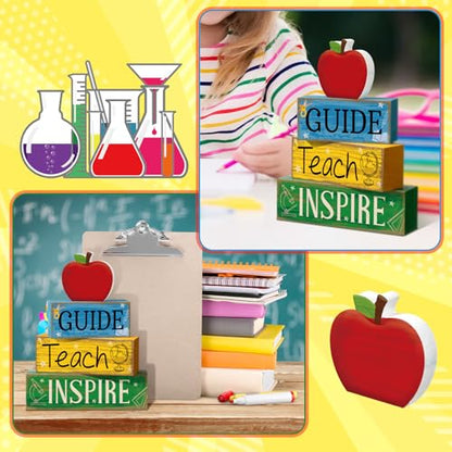 Yuntau 4 Pcs Teacher Appreciation Gift Wooden Table Decoration Apple Tiered Tray Decor Guide Teach Inspire Teacher Appreciation Gift Apple Block Sign Centerpiece Decor for Office Classroom - style: Apple