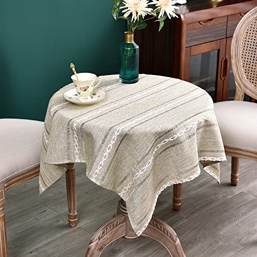 NEWISHER Rustic Farmhouse Embroidered Small Square Tablecloth Jacquard Striped Table Cloth Linen Texture Washable Side Table Cover Kitchen Dining Home Decoration Yellow 36x36 inch - color: Almond Buff, size: 36" x 36" (Square)