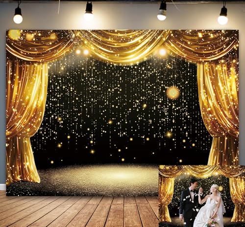 Black Gold Backdrop Black Gold Curtains Glitter Spots Theater Stage Photography Background Adults Kids VIP Carnival Graduation Prom New Year Birthday Party Decorations Banner Photo Props (10x8FT) - size: 10x8ft
