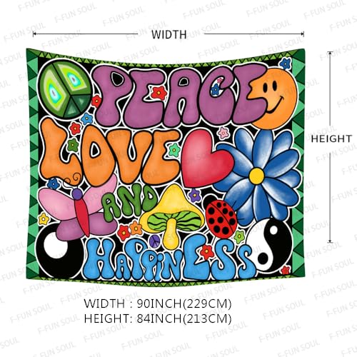 F-FUN SOUL Peace Love and Happiness Tapestry, 90x84inches, Mushroom Psychedelic Tapestries 70s Theme Tapestry Wall Hanging for Bedroom Living Room Decor GTZYFS957 - size: 90.2"L x 84.3"W