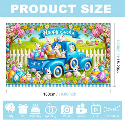 BlissYard Easter Bunny Truck Banner Spring Farm Scene 71x43 Inch Cute Holiday Backdrop with Rabbits Eggs Flowers Happy Easter Design for Yard Porch Party Kids Celebration Display - color: Blue