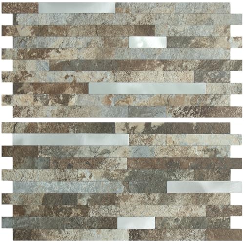 AULIGET 2 Sheets Beige & Brown Slate Peel and Stick Backsplash, PVC Mixed Metal Silver Wall Tile Stick on Backsplash for Kitchen and Bathroom - color: Beige & Brown Slate + Metal Silver, size: 2 Sheets, 6"x12"x0.12"