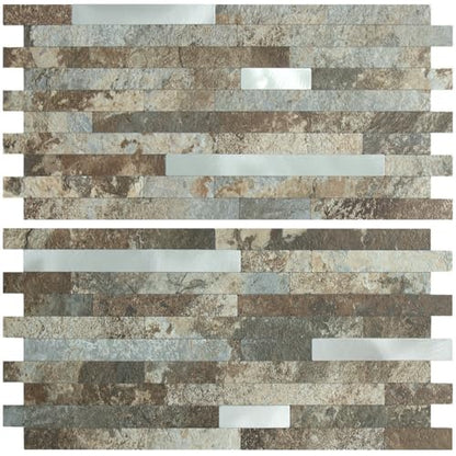 AULIGET 2 Sheets Beige & Brown Slate Peel and Stick Backsplash, PVC Mixed Metal Silver Wall Tile Stick on Backsplash for Kitchen and Bathroom - color: Beige & Brown Slate + Metal Silver, size: 2 Sheets, 6"x12"x0.12"