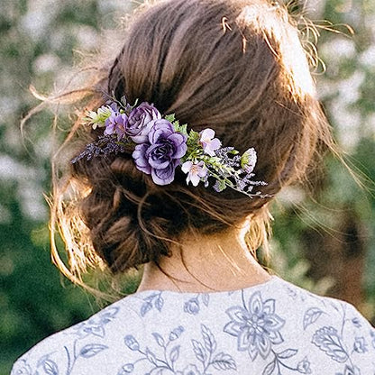 Purple Flower Hair Comb - Handmade Wedding Floral Combs Bridal Comb for Hair for Bride Bridesmaid Women Girls Prom Bridal Shower Maternity Shoot - color: Light Purple