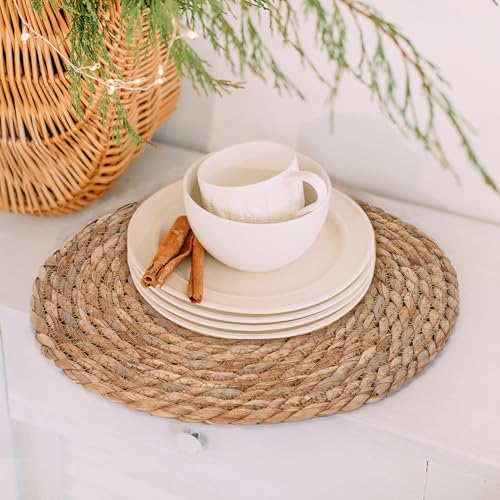 GENMOUS Woven Placemats Set of 6, 13" Round Placemats Natural Water Hyacinth Boho Placemats, Farmhouse Rattan Chargers for Dinner Plates,Rustic Braided Wicker Table Mats for Dining Table,Home,Wedding - size: 13inch, Set of 6