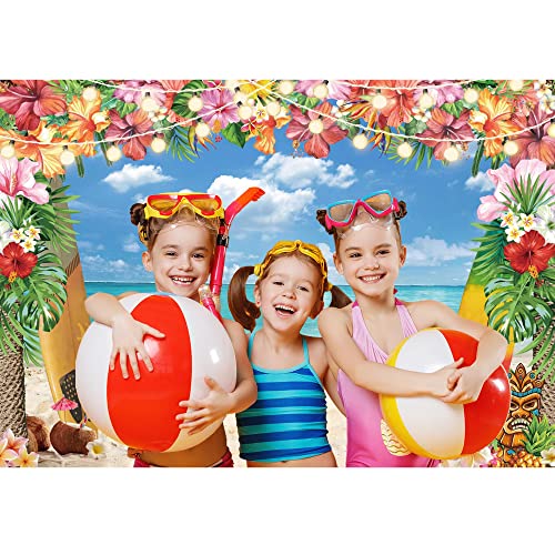 8x6ft Summer Hawaiian Beach Backdrop for Photography Tropical Flower Luau Aloha Backdrop Blue Sky Ocean Palm Leaves Background Birthday Hawaiian Party Decorations Supplies Photoshoot - size: 8'x6'