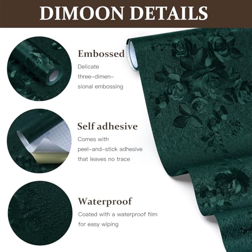 Dimoon 17.7''x78.7'' Green Peel and Stick Wallpaper Gothic Floral Wall Paper Contact Paper Closeout Renter Friendly Modern Self Adhesive Damask Cabinet Vinyl Roll(78.7''x17.7'', Green Floral Textured) - color: Green, size: 17.7" x 78.7"