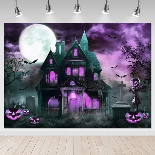 Mocsicka 7x5ft Haunted House Backdrop Halloween Castle Night Pumpkin Terror Costume Party Halloween Kids Birthday Background for Photography Photo Studio Props - color: Purple, size: 7x5ft