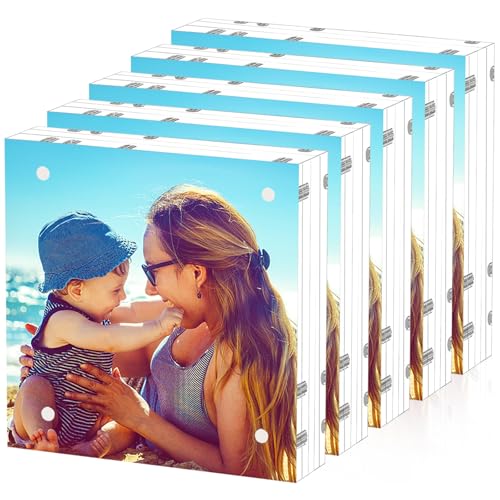 HELPLEX 5 Pack 8x8 Acrylic Picture Frames, 24mm Thicker Square Frameless Clear Frame Double Sided Magnetic Frame, Free Standing Desktop Display Stand Acrylic Frames - size: 8x8(5 PACK)