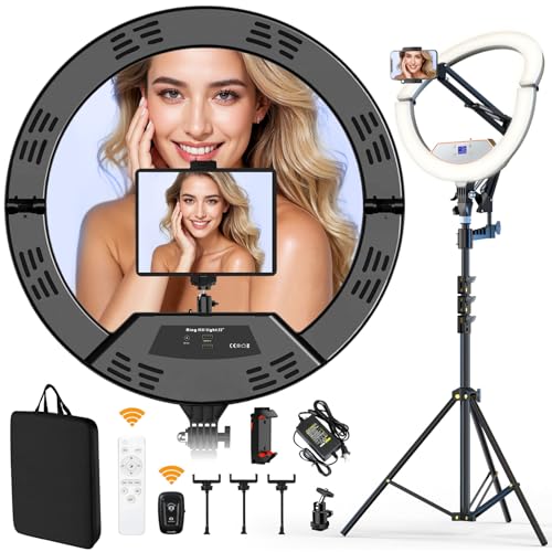 22" Foldable Large Ring Light with Stand for iPhone iPad,75" Tripod with Overhead Shooting Bracket 50W 6500K 4 Clips/LCD Display/2 USB PortsTattoo Barber Makeup Studio Video Photography Lighting - size: 22 inch Foldable with Tripod