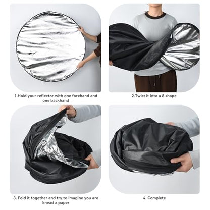 UTEBIT 31 Inch (80cm) Light Reflector Stand Kit Diffuser 5 in 1 Collapsible Multi Disc with Bag, 48 Inch Light Stand, Photography Reflector Holder-Translucent/Silver/Gold/White/Black - size: 31x31 Inch