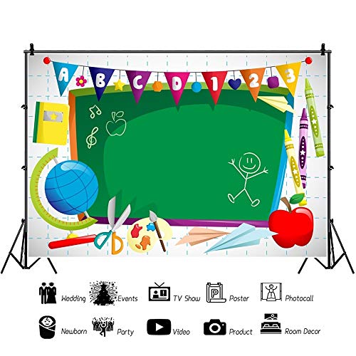 Leyiyi 9x6ft Vinyl Photography Background Welcome to Kindergarten Backdrop ABC Letters Blackboard Watercolor Pen Paper Airplane Globe Back to School Themed Party Backdrops Banner - color: Green, size: 9x6ft-Vinyl