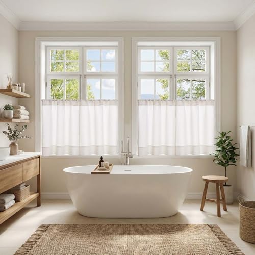 jinchan White Kitchen Curtains 24 Inch Length Textured Short Cafe Curtains Farmhouse Window Treatment Tiers for Bathroom Laundry Room Small Window Light Filtering Rod Pocket 4 Panels - color: Basic White, size: 26"W x 24"L (Pack of 4)