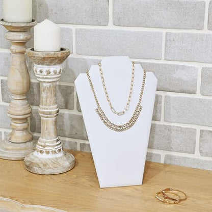 MOOCA 6 Pieces Deluxe White Faux Leather Covered MDF Wood with Cardboard Easel Necklace Display, Jewelry Stand Necklace Display for Craft Shows, 8 1/2 W x 3" D x 12 1/2 H in - color: White Faux Leather