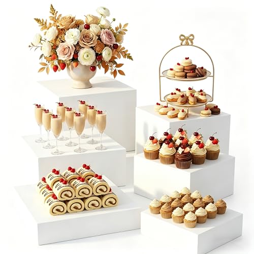 6Pack White Buffet Risers and Stands, Acrylic Food Risers for Buffet Table, Nesting Display Stand Shelf for Party Catering & Dessert, White Risers for Display for Food, Jewelry & Collectibles - color: 6Pack square, size: 6''7''8''9''10''