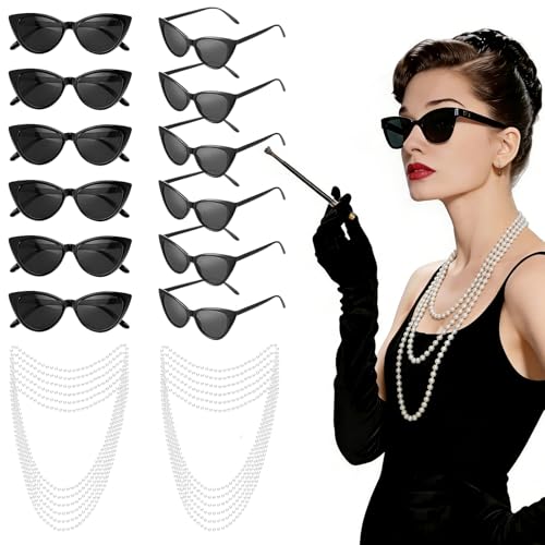 XIPENGKEJI Blue Teal Party Favors, 12 Pcs Pearl Necklaces Bulk Pearl 12 pcs Sunglasses Vintage Necklace Sunglasses Costume Accessories Decorations for Women Princess Bachelorette Breakfast at Party