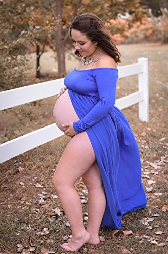 ZIUMUDY Maternity Maxi Chiffon Photography Dress Split Front Gown for Photoshoot - color: Blue