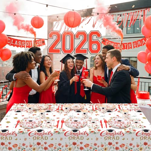 Ceenna 452 Pcs 2026 Red Floral Graduation Party Decoration for 50, Red Gold Wildflower Congrats Grad Paper Plates Napkins Cups Tablecloth Cutlery Straw Grad Tableware for Class of 2026 Party Supply - color: Red
