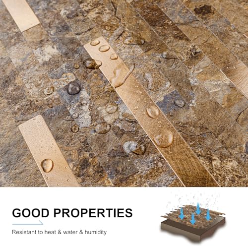 Peel and Stick Backsplash Tile, 10 Sheets Rustic Stone Look PVC Wall Tiles, Dark Rust and Gold Self Adhesive Backsplash for Kitchen and Bathroom, Waterproof Heat Resistant - color: Yellow Rust Stone
