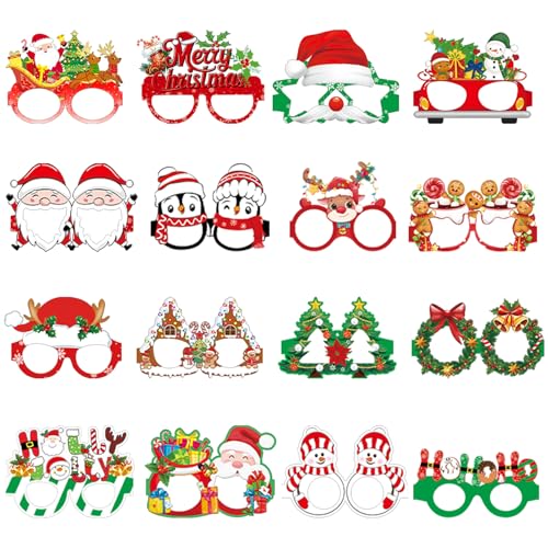 16 Pcs Christmas Paper Glasses Photo Booth Props, Funny Xmas Costume Eyewear with Santa, Snowman, Tree, Reindeer, Penguin, Wreath, and Gingerbread Designs for Adult Holiday Party Supplies