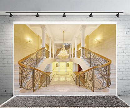 Leowefowa 7x5ft Castle Backdrop Luxurious Golden Palace Elegant Stair Droplight White Pillar Marble Floor Interior Wedding Vinyl Photography Background Kids Adults Photo Studio Props - size: 7x5ft