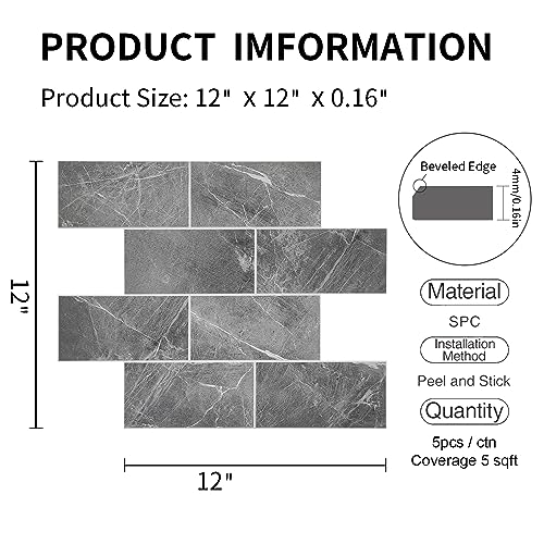COLAMO Luxury 5-Sheet Dark Gray Peel and Stick Large Subway Tile Faux Stone Marble Tile for Kitchen Backsplash,RV Self Stick On Accent Wall Tile Stickers, 12”x12” Adhesive Mosaic Tiles for Bathroom - color: Gray, size: 5 Sheets (12"×12")