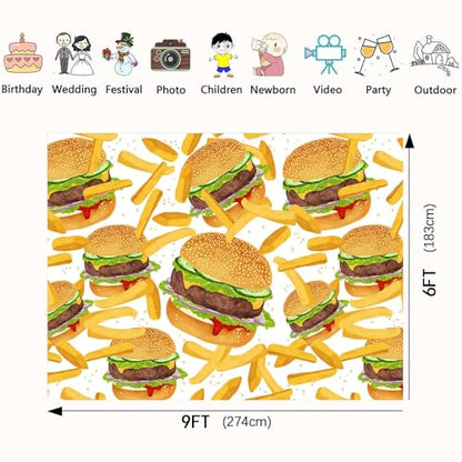 Hamburger French Fries Backdrop, 9x6ft, Fast Food Photograhy Background Birthday Party Supplies Burger Shop Decoration Banner Photo Booth Props BJOKPR0925 - size: 9x6
