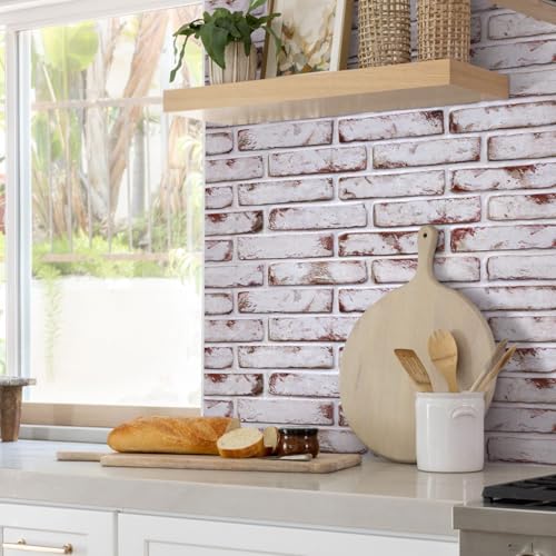 COMSTICKC 3D Faux Brick Wall Panel Red-Tinted White, Peel and Stick Wall Covering, 12 Pcs of 22.8" x 11.8", Not Real Brick, UrltraLight PVC Self Adhesive Wall Tile, Paintable, Covers 22.48 sq.ft - color: Red-Tinted White
