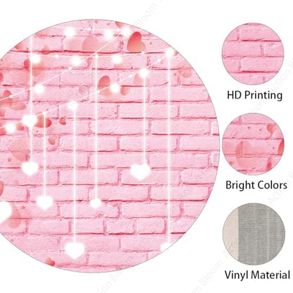 7x5ft Pink Brick Wall Backdrop Pink Love Heart Brick Texture Photography Background for Valentine's Day Bridal Shower Wedding Potrait Photo Booth Props - size: 7x5ft