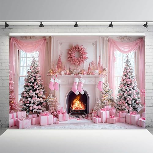 AIBIIN 8x6ft Pink Christmas Backdrop Pink Christmas Tree Fireplace Photography Background Winter Snow Scene Birthday Baby Shower Vinyl Photo Studio Props - color: Fireplace, size: 8x6ft
