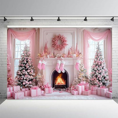 AIBIIN 8x6ft Pink Christmas Backdrop Pink Christmas Tree Fireplace Photography Background Winter Snow Scene Birthday Baby Shower Vinyl Photo Studio Props - color: Fireplace, size: 8x6ft
