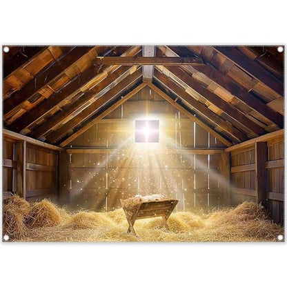 7x5ft Fabric Christmas Manger Scene Backdrop Birth of Jesus Nativity Holy Family Photography Background Barn Stable Christian Party Decor Photo Props - size: 7'x5'