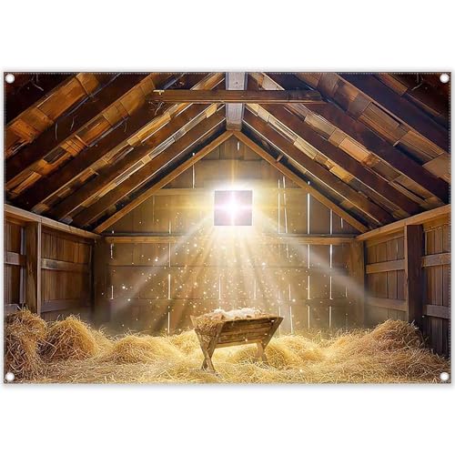 7x5ft Fabric Christmas Manger Scene Backdrop Birth of Jesus Nativity Holy Family Photography Background Barn Stable Christian Party Decor Photo Props - size: 7'x5'
