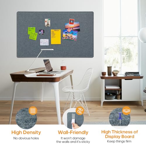 Large Felt Bulletin Board, 60 X 35 Inches Decorative Pin Board, Cork Board Alternative, Foldable Photo Felt Board with Self-Adhesive Tape and 36 PushPins - Grey