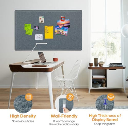 Large Felt Bulletin Board, 60 X 35 Inches Decorative Pin Board, Cork Board Alternative, Foldable Photo Felt Board with Self-Adhesive Tape and 36 PushPins - Grey