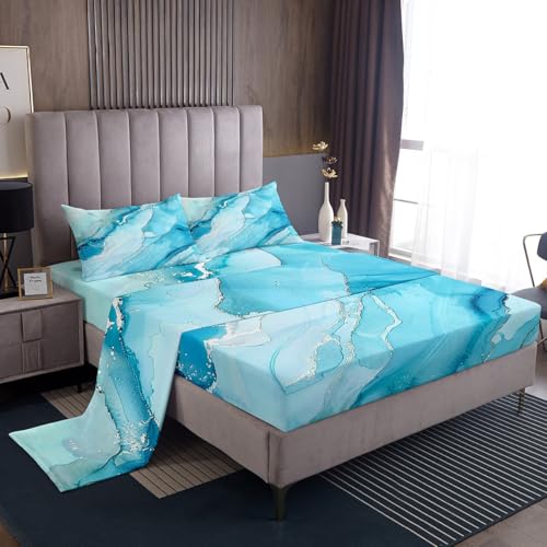 Feelyou Modern Marble Aesthetic Bed Sheets Set Queen Size Blue Marble Sheet Set Retro Watercolor Artwork Design Sheets with Deep Pocket Fitted Sheet Abstract Marble Texture Printed Bedding Set - color: Blue, size: Queen
