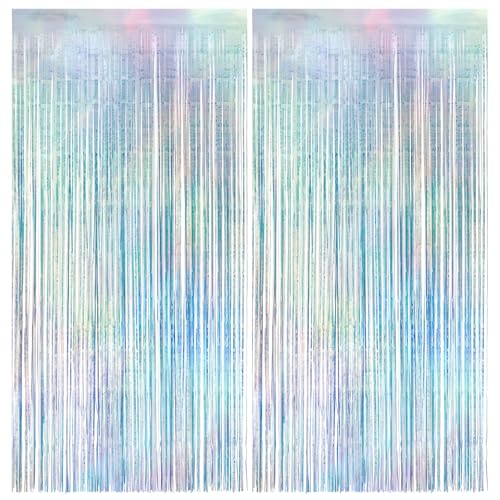 2 Pack Iridescence Party Streamers Backdrop Curtains, 3.3x8.2ft Holographic Tinsel Foil Curtain Photo Booth Props for Birthday, Wedding, Holiday Celebration, Bachelorette, Theme Decorations - color: Iridescence, size: 2 Pack