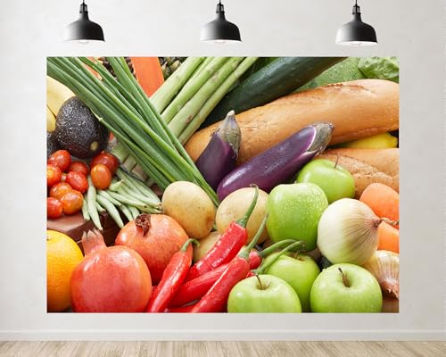 Trykid 7x5ft Fresh Fruit Vegetable Bread Baguette Backdrop Colorful Healthy Food Grocery Photography Background Delicious Kitchen Theme Party Decoration Tapestry Photo Booth Prop Fabric - size: 7x5ft
