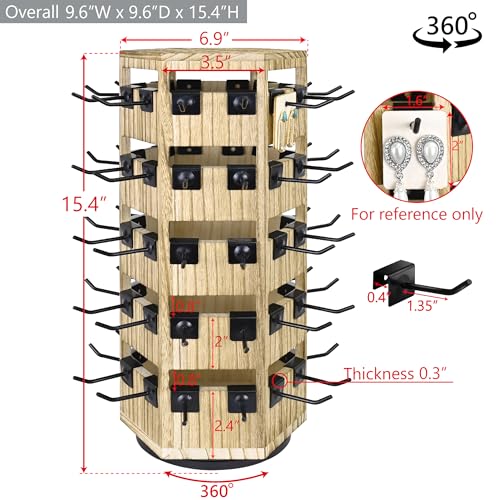 Ikee Design Free Assemble Wood Hexagon Rotating Jewelry Display Stand, 60 Removable Metal Hooks, Keychain Display Stand, Jewelry Organizer, Earring Bracelet Organizer, Oak Color, 8.3W x7.2D x 16.2H in - color: 6 side, Oak, 60 hooks