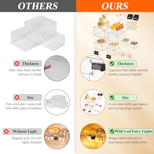 8 Pcs Clear Acrylic Buffet Risers with LED Fairy Lights, Acrylic Food Risers with Mini Sign and Maker, Clear Buffet Risers and Stands for Party Catering Dessert Collectibles(9" 8" 7" 6" 5" 5" 4" 4" ) - size: 9" 8" 7" 6" 5" 5" 4" 4"
