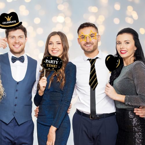 38Pcs Funny Photo Booth Props with Sticks - Selfie Pose Signs for Birthday, Valentine's Day, Men Women Party Decorations - style: Party Birthday-Gold