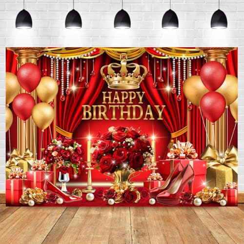 Red and Gold Birthday Backdrop for Happy Birthday Party Decorations, Luxury Red Curtains Classic Red Gold Chair King Throne Photography Background, Elegant Party Banner for Girls 7x5ft - size: 7x5ft