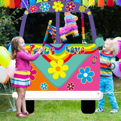 Large Hippie Bus Shaped Photo Prop 60s Party Decor 60's Retro Groovy Van Prop Fabric Hippie Selfie Frame Backdrop Background Banner Birthday Party Supplies Retro 60s 70s Party Favors 59 x 48.6Inch