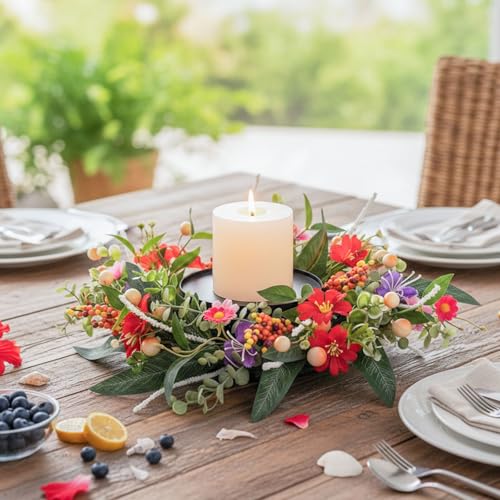 MOYEE Candle Holder Centerpieces for Tables,Candle Ring,Wreaths, Black Metal Paired Artificial Flowers 14 in Versatile Dining Table Centrepiece (Autumn Colored Fruit) - color: Autumn-themed Flower and Fruit Wreath