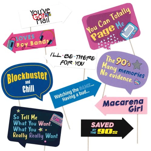 90s Party Decoration Kit - Includes Photography Backdrop & 10 Studio Selfie Photo Booth Props with Sticks - 90's Retro Style Hip Hop Theme Studio Background Banner Supplies - size: 90s