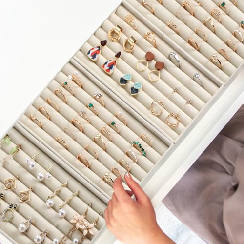 Highergo 8 Pcs Velvet Jewelry Trays Stackable Drawers Organizer Ring Earring Bracelet Necklace Storage Trays, 8.3x4.7x1''(7 Long Slots) - style: 7 Long Slots